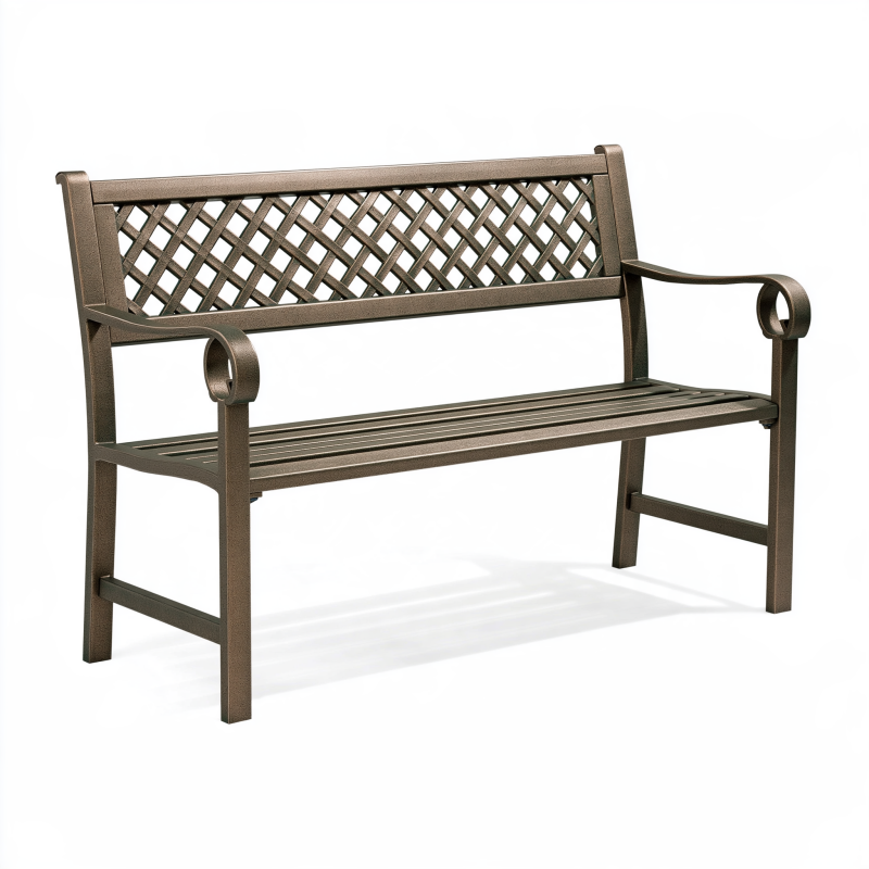 Gartenbank 122 cm Metall Braun mit Gitterrückenlehne und Armlehnen
