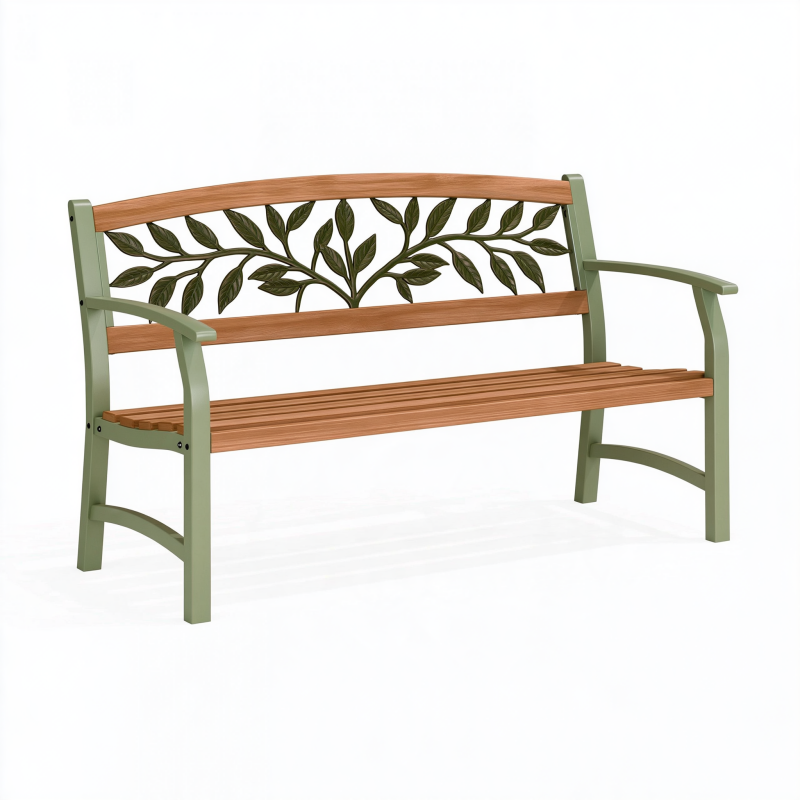 Gartenbank 120 x 60 x 90 cm Holz Metall Grün Braun mit Blättermotiv