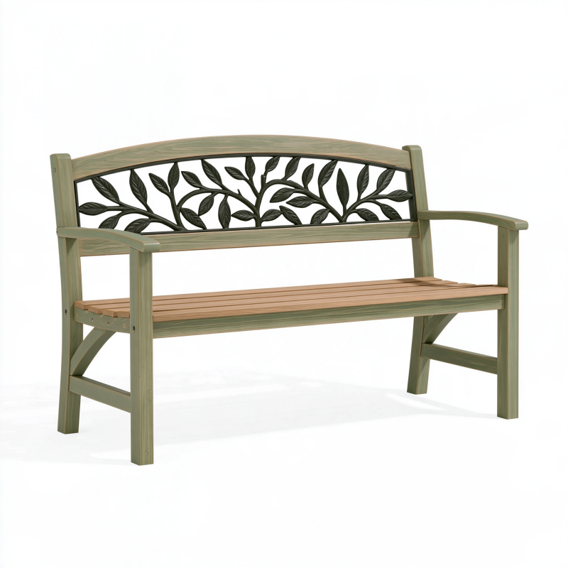 Gartenbank 122 x 60 x 90 cm Holz Metall Grün Braun mit Blattmotiv