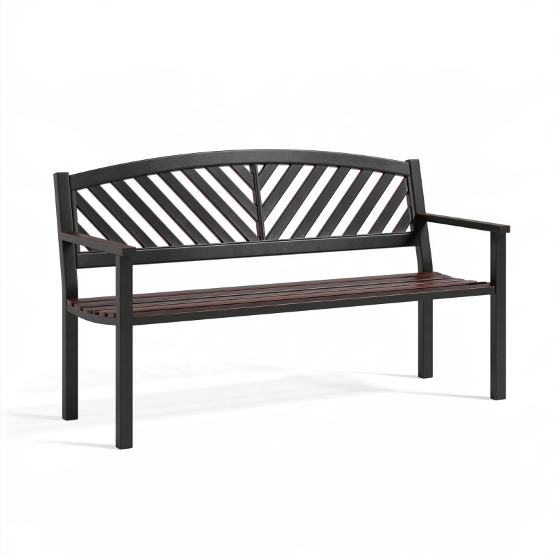 Gartenbank 120 cm Stahl Schwarz Braun mit Armlehnen Lattenrücken