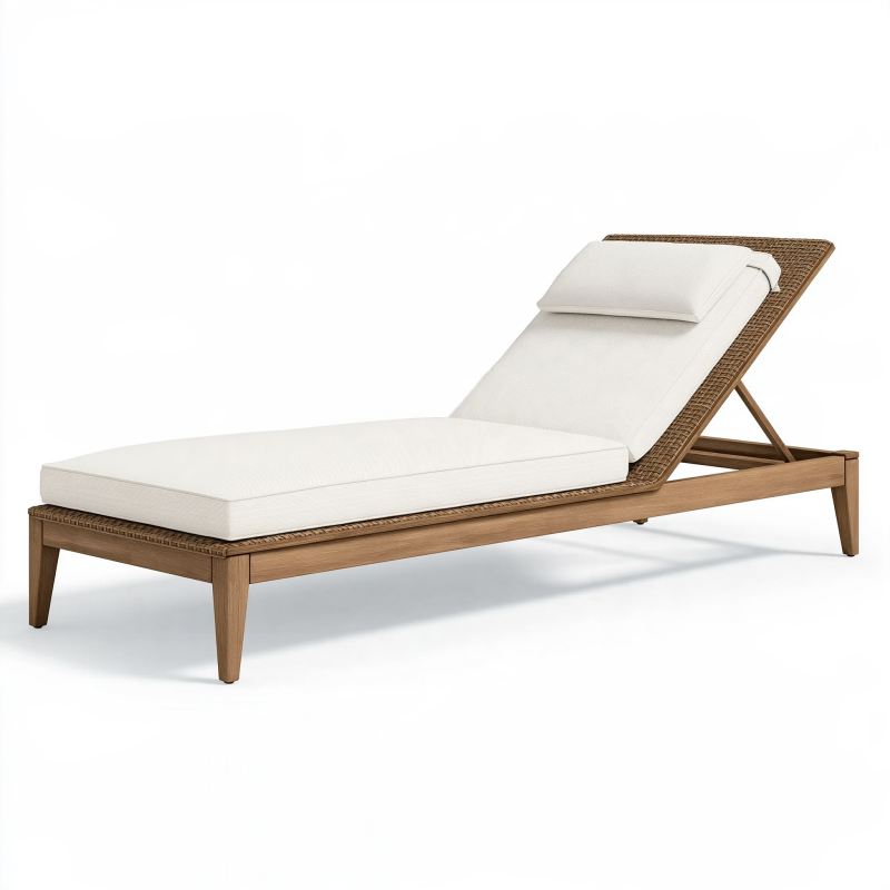Gartenliege 200 x 70 cm aus Holz und Geflecht in Natur/Creme mit verstellbarer Rückenlehne