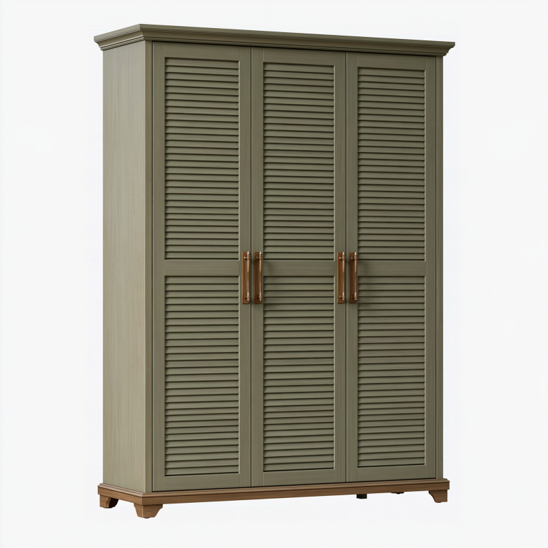 Kleiderschrank 120 x 50 x 200 cm Olivgrün Holzoptik mit 3 Lamellentüren Landhausstil