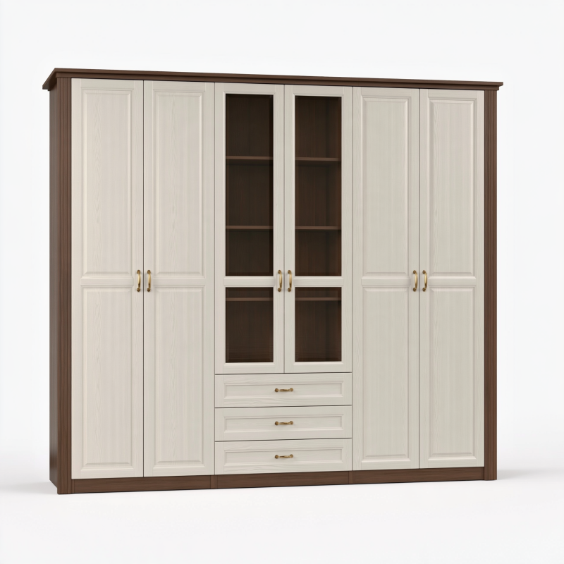 Kleiderschrank 240 x 60 x 220 cm Holzwerkstoff Cremebraun mit Glastüren und Schubladen klassisch