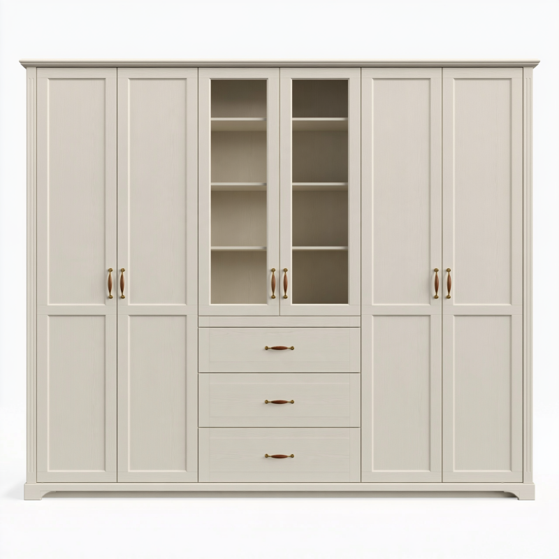 Kleiderschrank 240 x 60 x 220 cm cremeweiß Holzwerkstoff mit Glastüren und Schubladen