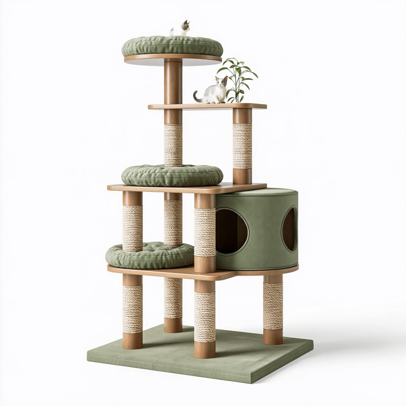 Katzenkratzbaum 70 x 50 x 150 cm Holz Sisal Grün mehrstöckig mit Höhle und Liegeflächen