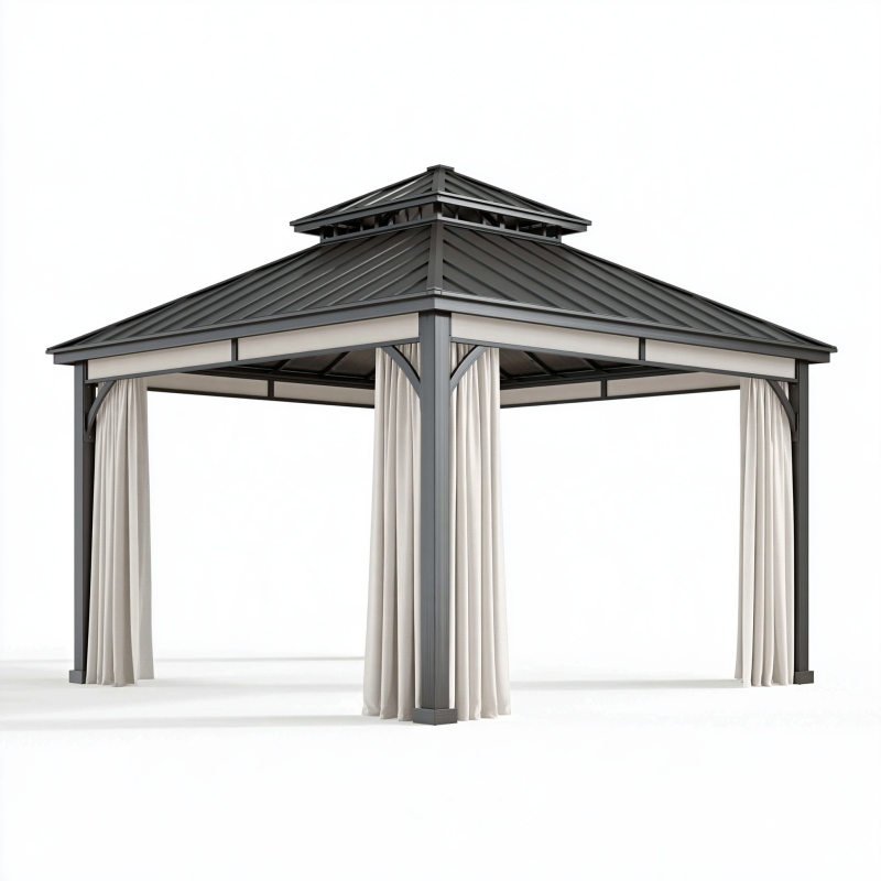 Pavillon 300 x 300 cm Anthrazit Creme mit Metallrahmen und Vorhängen für den Garten