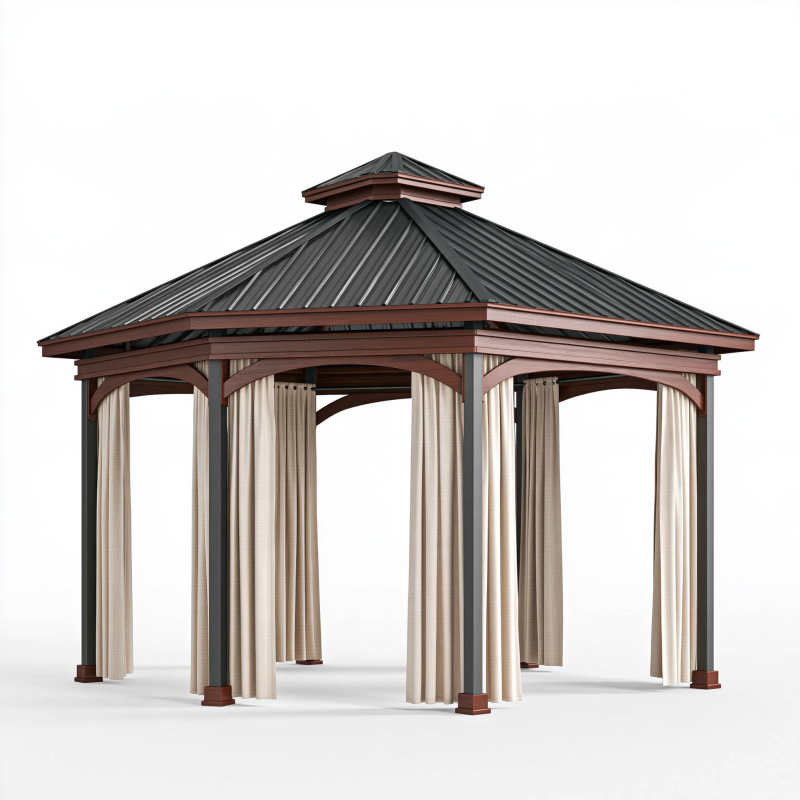 Pavillon 300 x 300 x 300 cm aus Metall Braun Schwarz mit Vorhängen und Walmdach