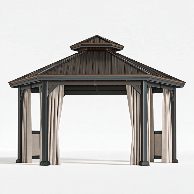 Gartenpavillon 300 x 300 cm Anthrazit mit Metallrahmen Vorhängen und Dach