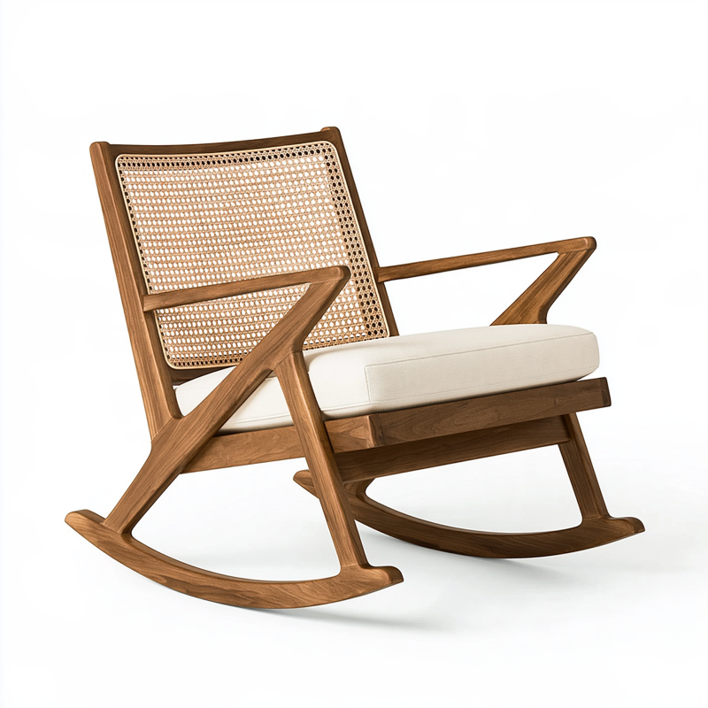 Schaukelstuhl 70 x 95 x 90 cm braun creme Massivholz Rattangeflecht gepolsterter Sitz Mid Century