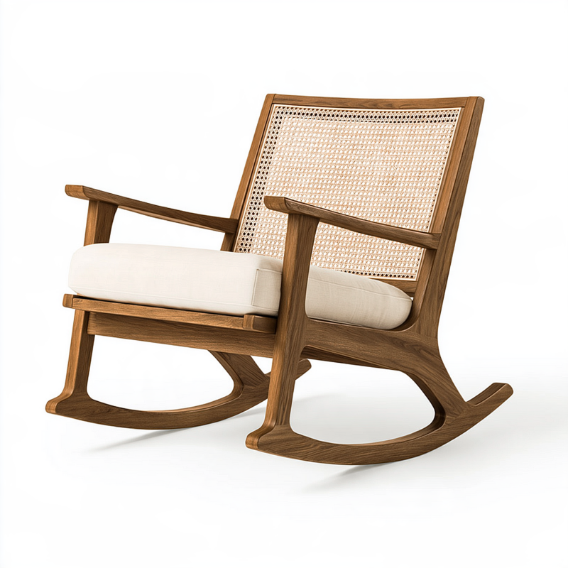Schaukelstuhl 70 x 90 x 100 cm aus Holz und Rattan Braun Beige mit gepolstertem Sitz