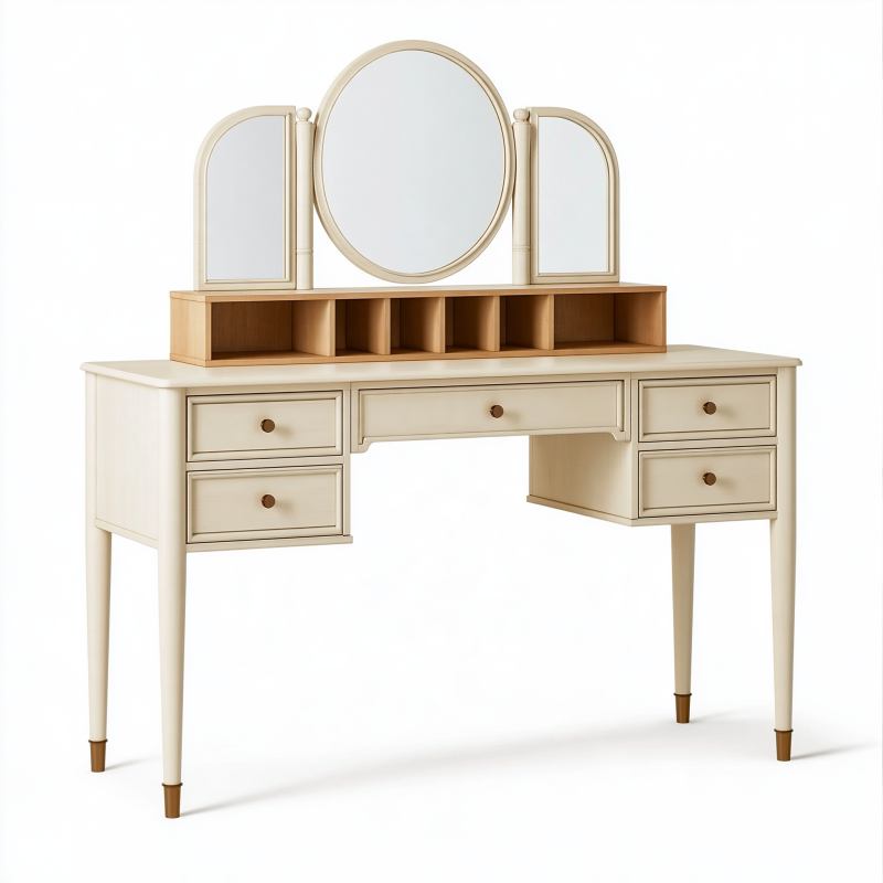 Schminktisch 120 x 45 x 145 cm aus Holzwerkstoff in Creme mit Spiegel und Schubladen im klassischen Stil