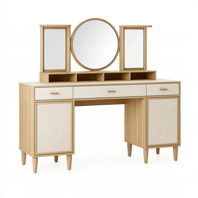 Schminktisch Set 120 cm Holzwerkstoff Naturweiß mit Spiegeln und Stauraum