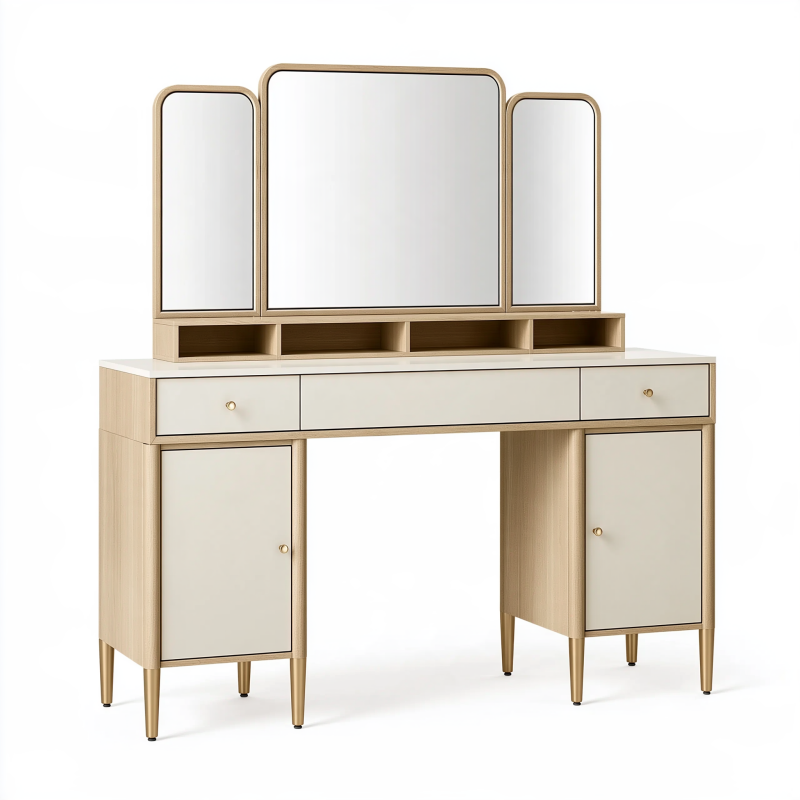Schminktisch 120 x 45 x 145 cm in Beige Holzwerkstoff mit Dreifachspiegel und Stauraum